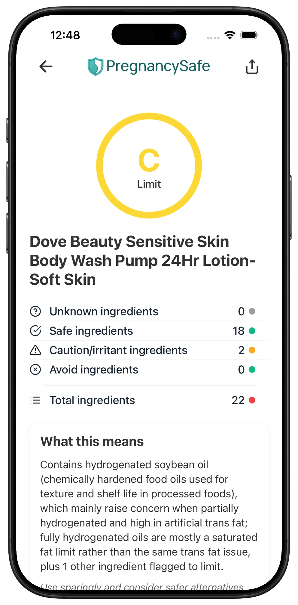 Pregnancy Safe app result for Dove Beauty Sensitive Skin Body Wash Pump
