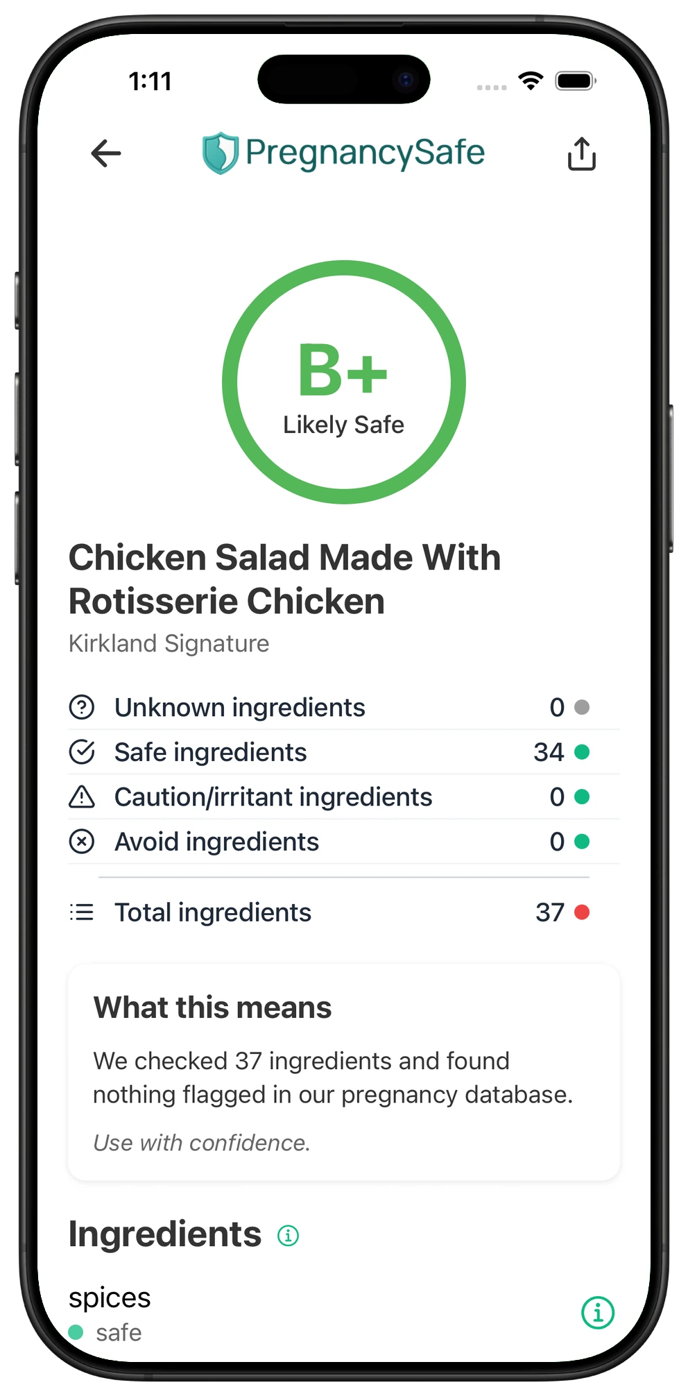 Pregnancy Safe app result for Kirkland Chicken Salad Made With Rotisserie Chicken