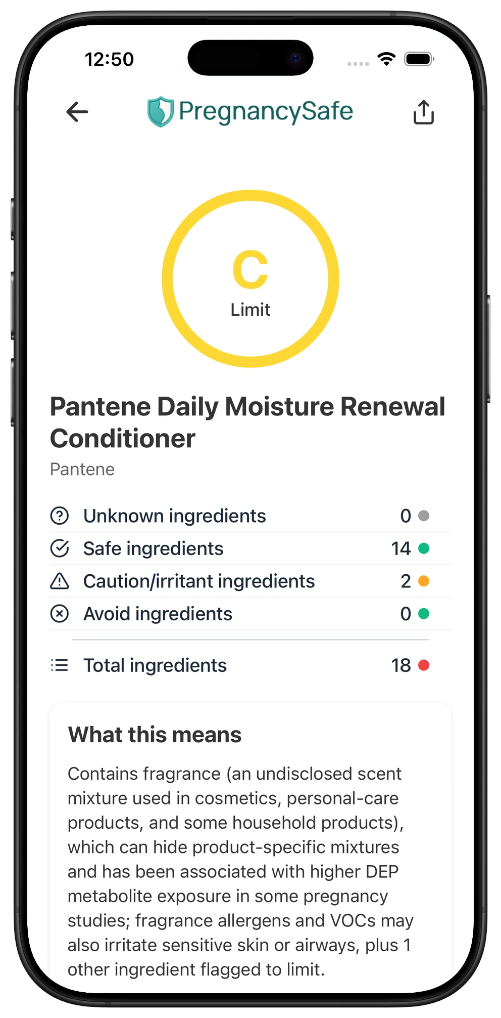 Pregnancy Safe app result for Pantene Daily Moisture Renewal Conditioner