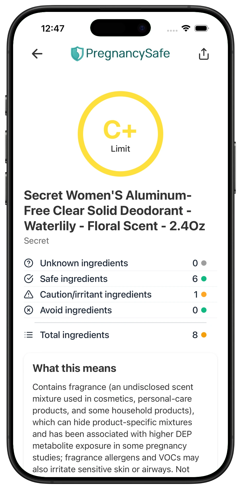 Pregnancy Safe app result for Secret Women's Aluminum-Free Clear Solid Deodorant - Waterlily