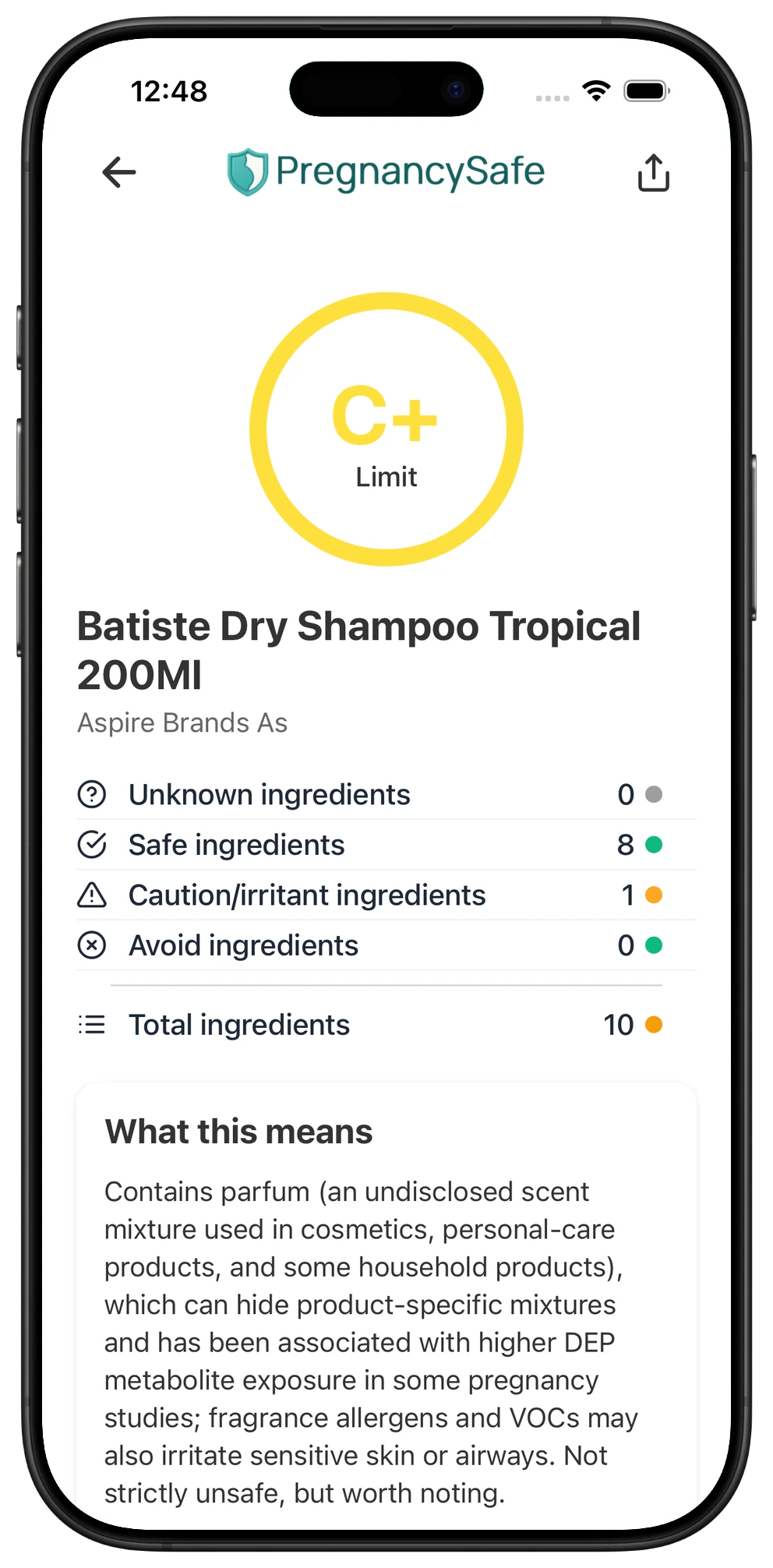 Pregnancy Safe app result for Batiste Dry Shampoo Tropical
