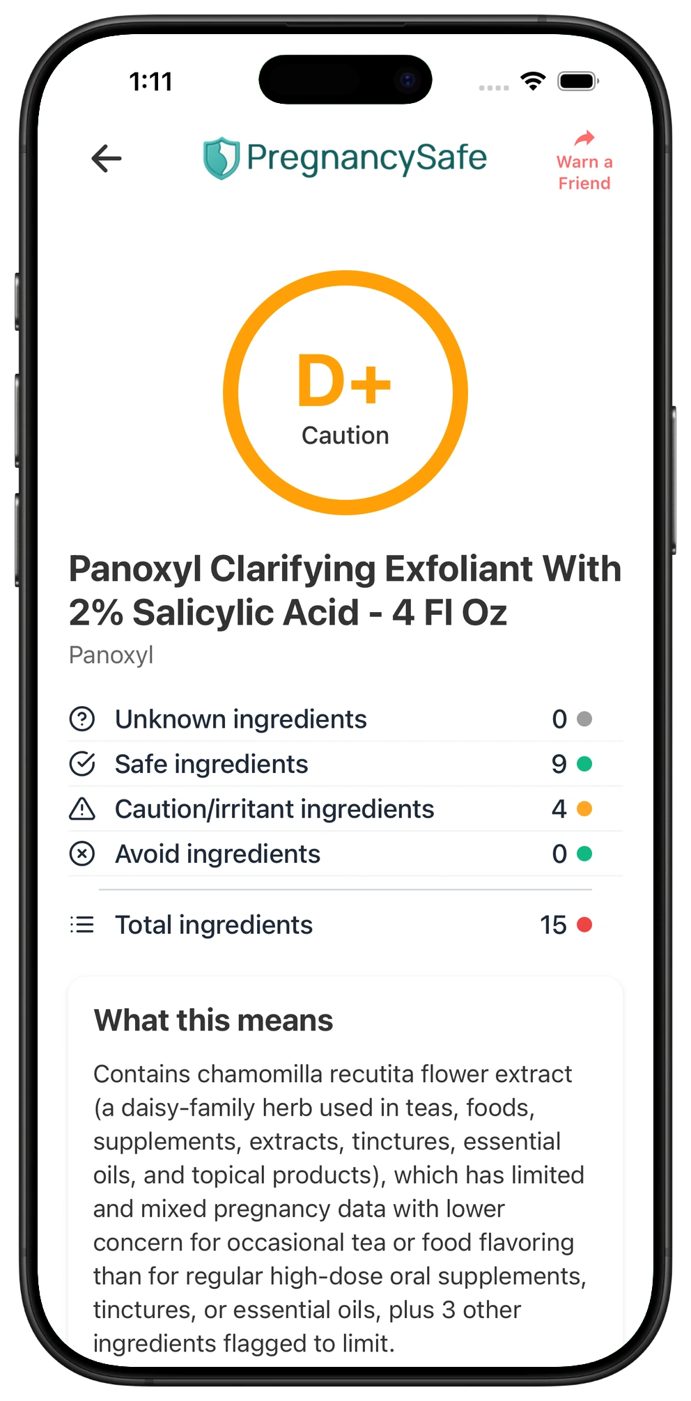 Pregnancy Safe app result for PanOxyl Clarifying Exfoliant with 2% Salicylic Acid