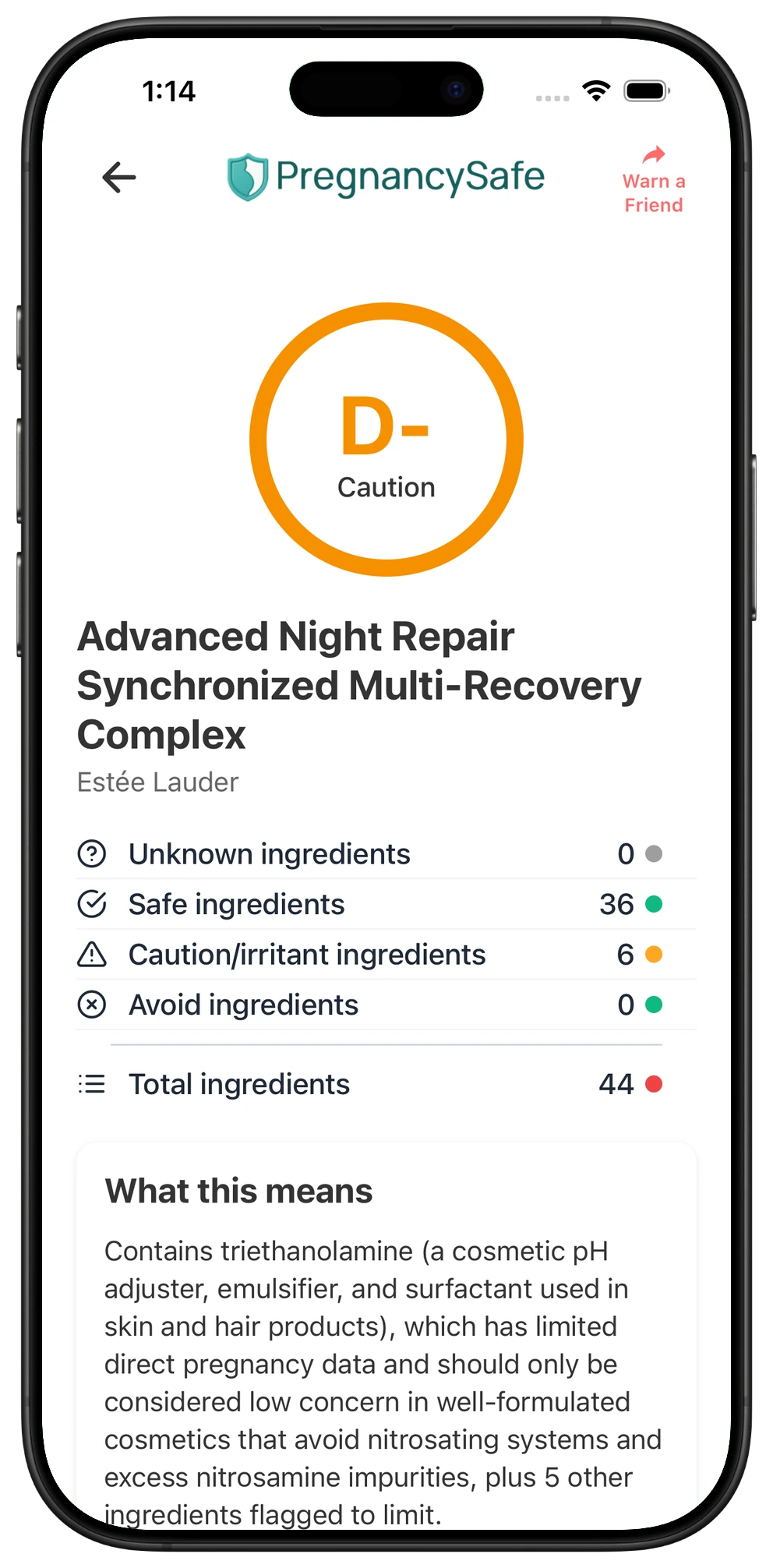 Pregnancy Safe app result for Estée Lauder Advanced Night Repair Synchronized Multi-Recovery Complex