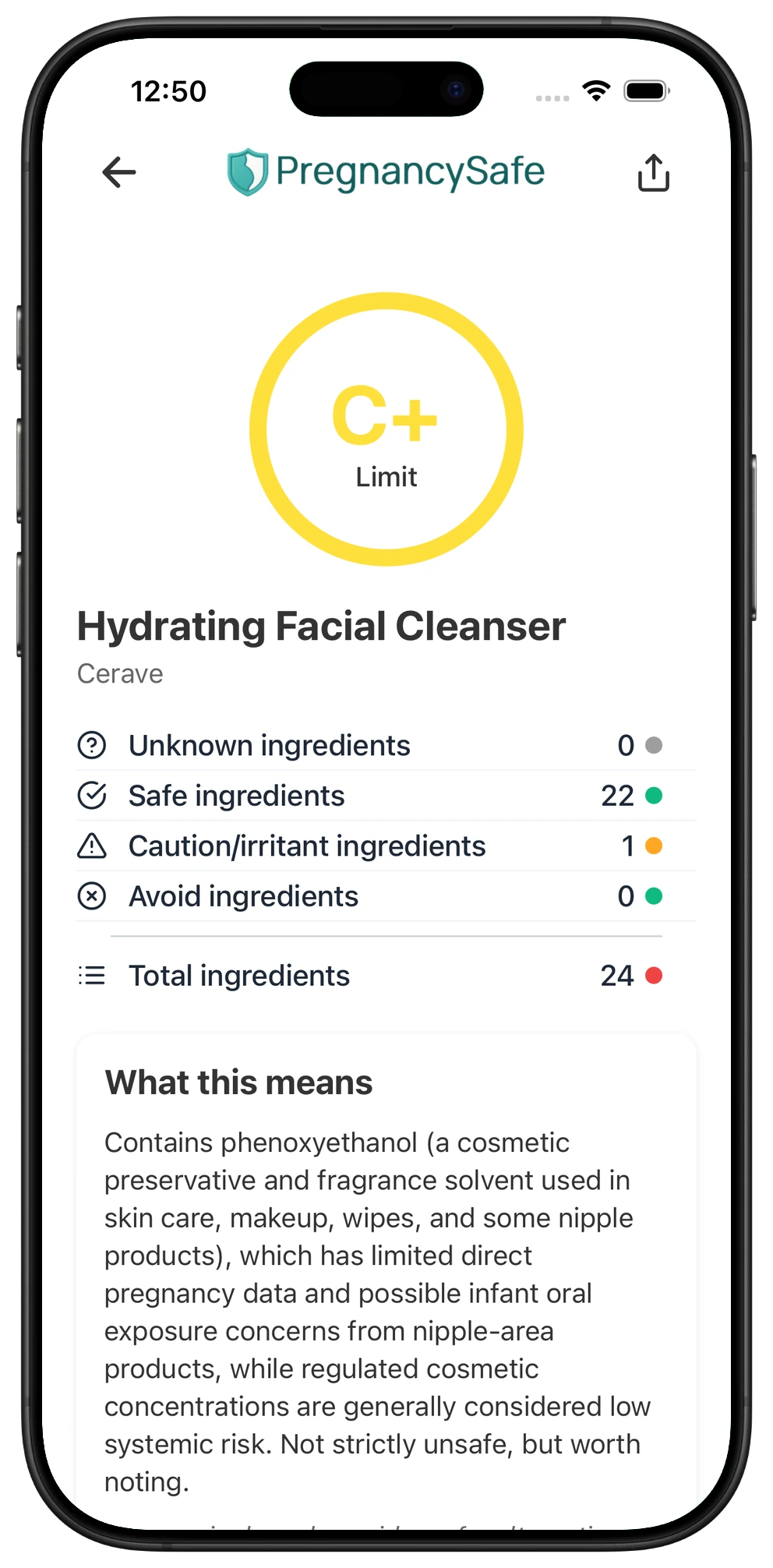 Pregnancy Safe app result for CeraVe Hydrating Facial Cleanser