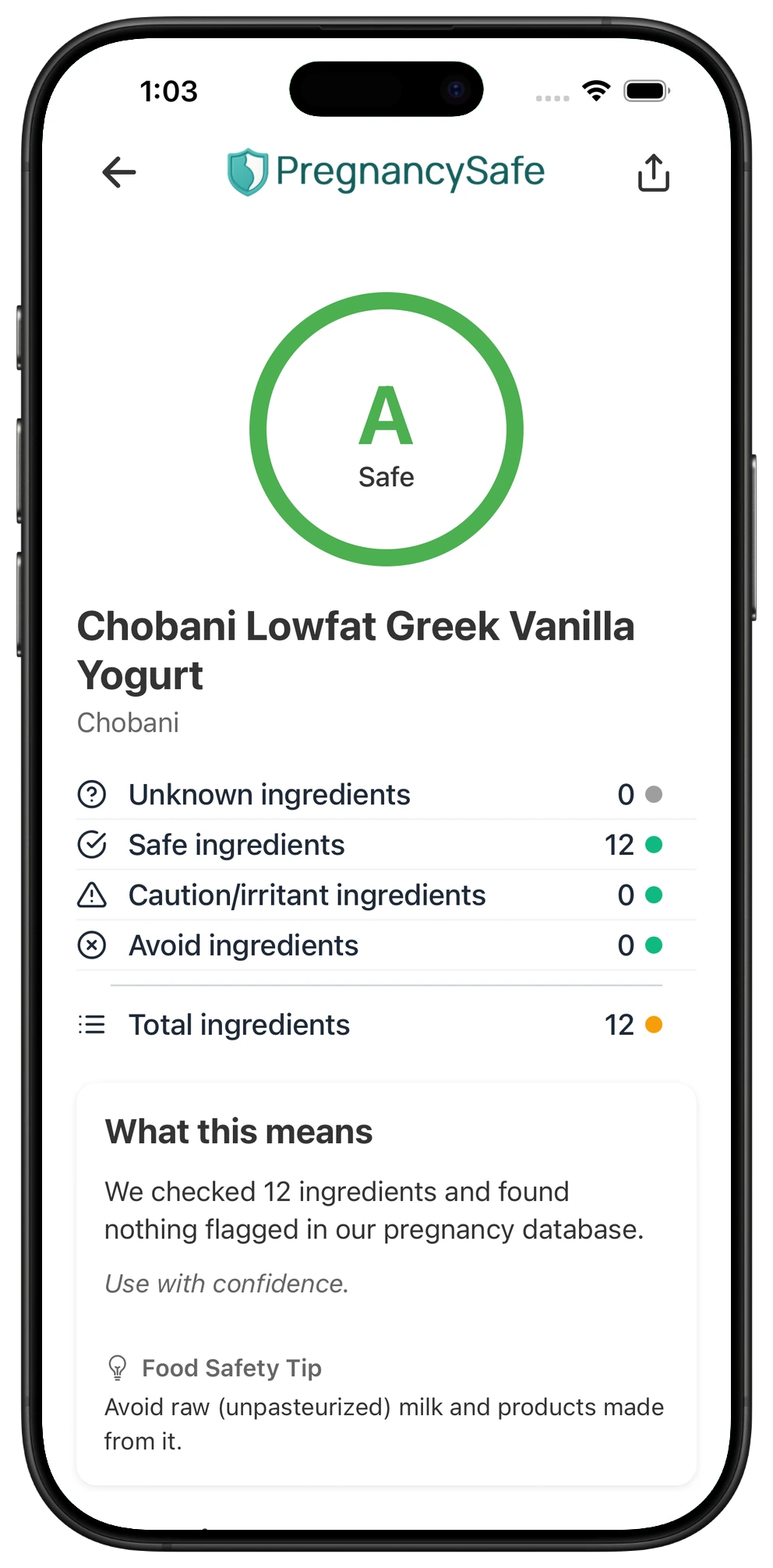 Pregnancy Safe app result for Chobani Lowfat Greek Vanilla Yogurt