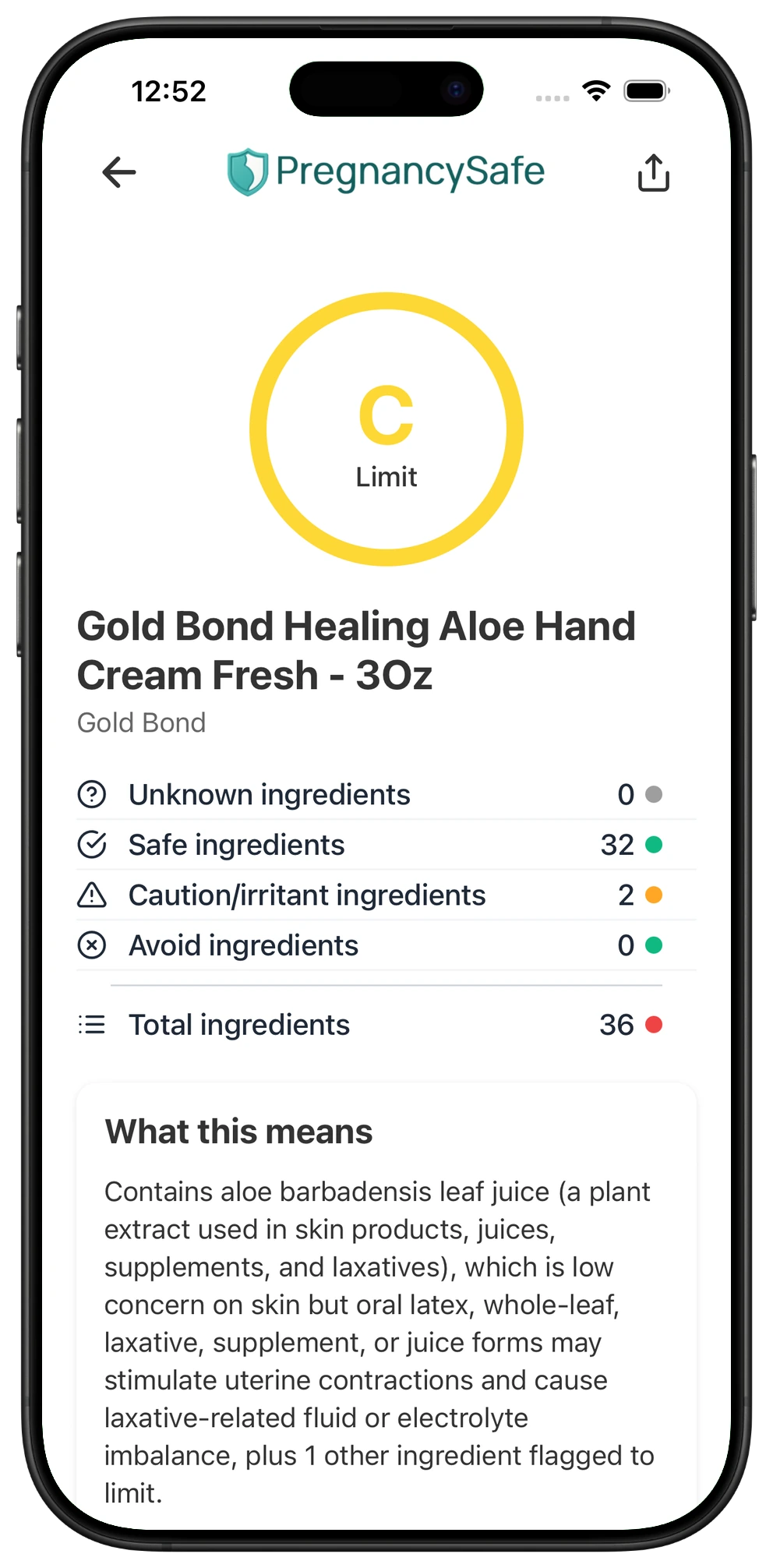 Pregnancy Safe app result for Gold Bond Healing Aloe Hand Cream