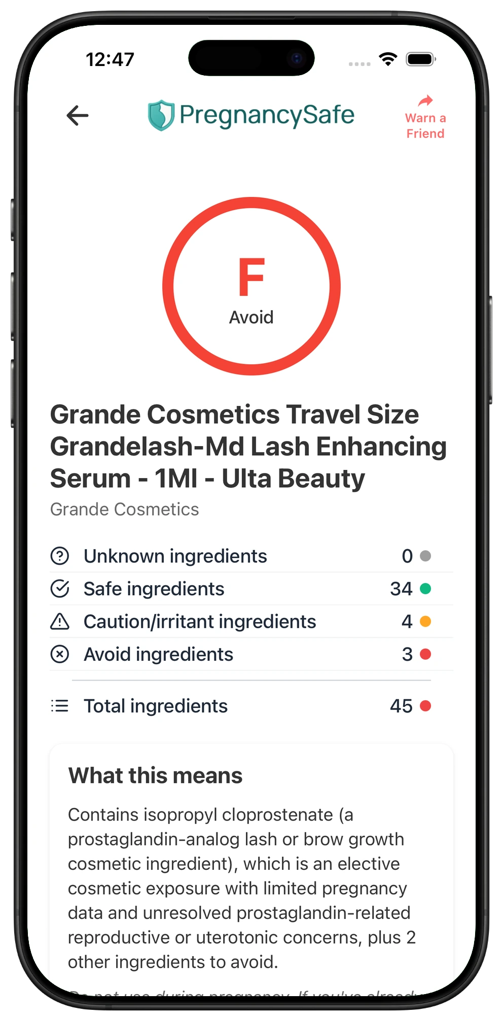 Pregnancy Safe app result for Grande Cosmetics Travel Size GrandeLASH-MD Lash Enhancing Serum