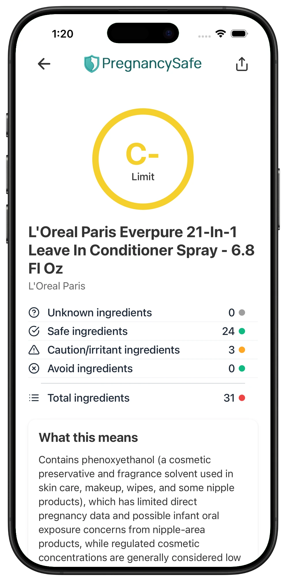 Pregnancy Safe app result for L'Oreal Paris EverPure 21-in-1 Leave-In Conditioner Spray