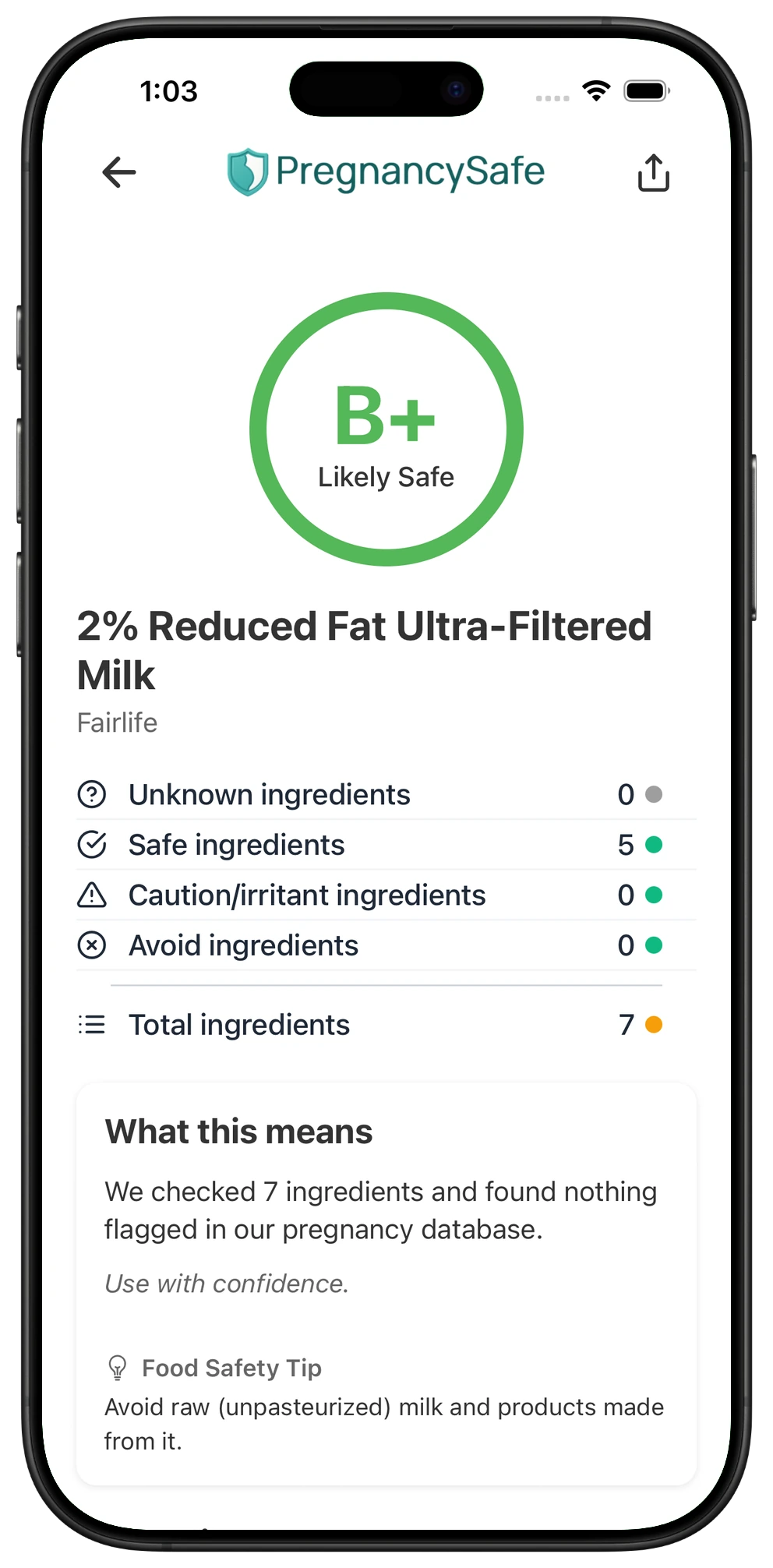 Pregnancy Safe app result for Fairlife 2% Reduced Fat Ultra-Filtered Milk