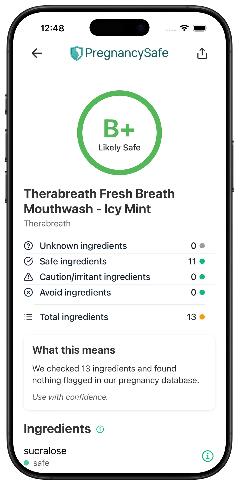 Pregnancy Safe app result for TheraBreath Fresh Breath Mouthwash - Icy Mint