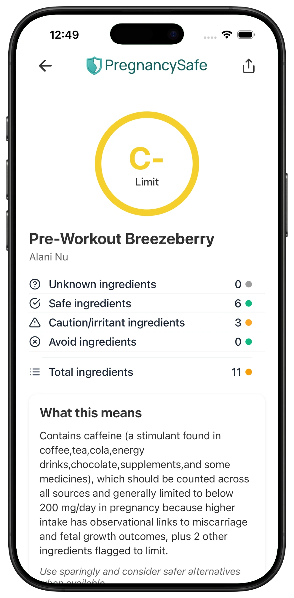 Pregnancy Safe app result for Pre-Workout Breezeberry