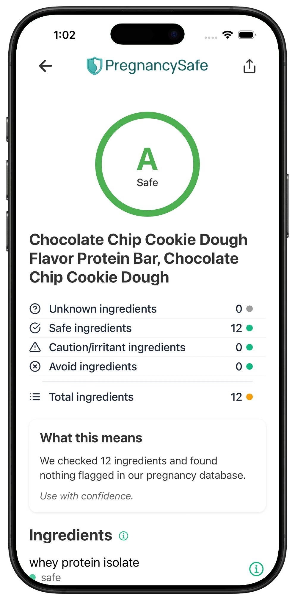 Pregnancy Safe app result for Quest Chocolate Chip Cookie Dough Protein Bar (60g)