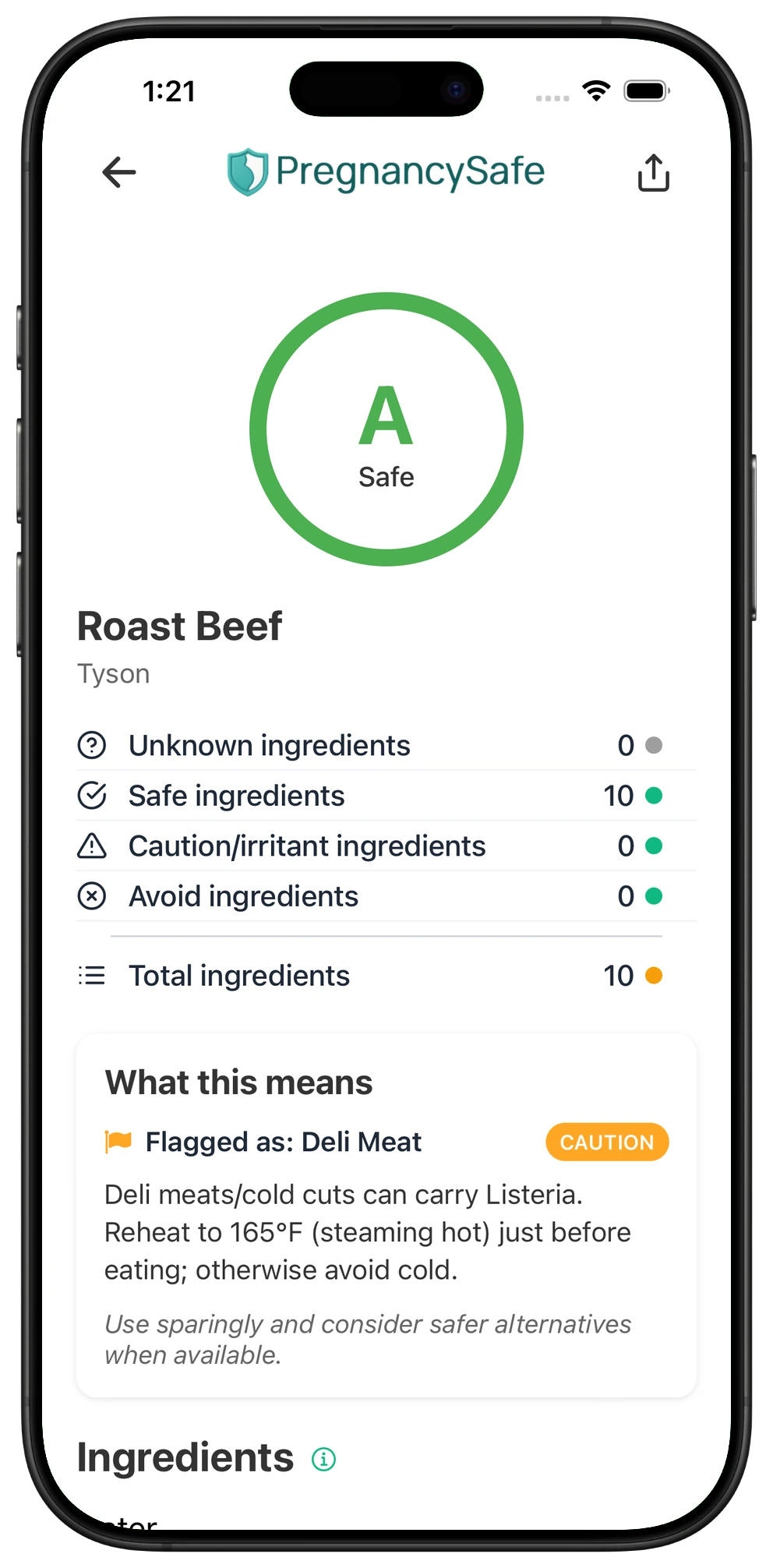 Pregnancy Safe app result for Tyson Roast Beef