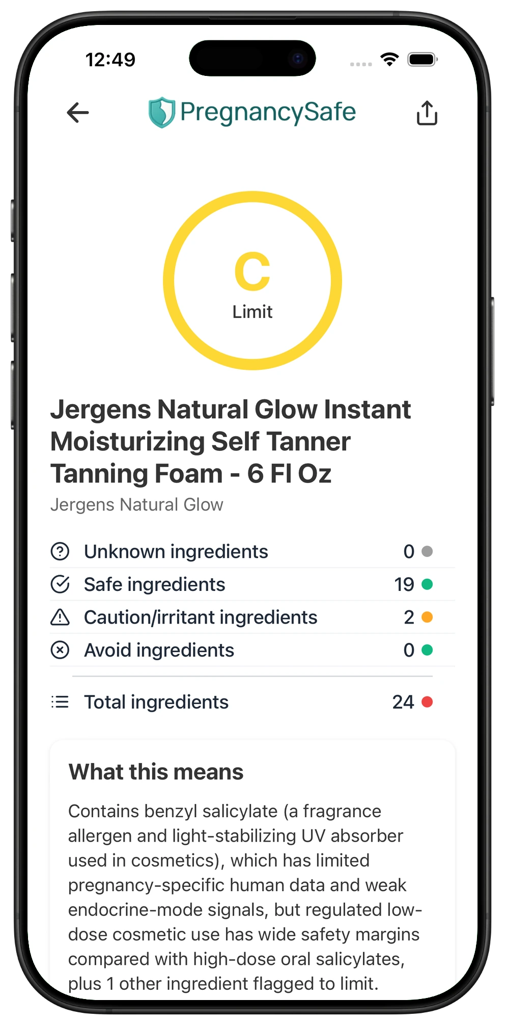 Pregnancy Safe app result for Jergens Natural Glow Instant Moisturizing Self Tanner