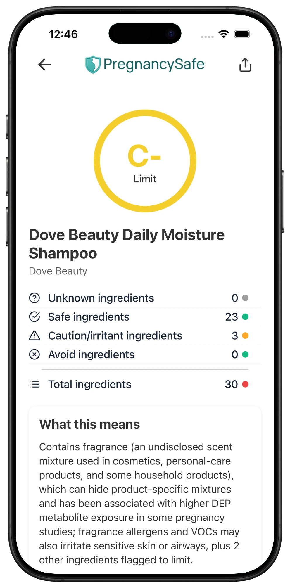 Pregnancy Safe app result for Dove Beauty Daily Moisture Shampoo