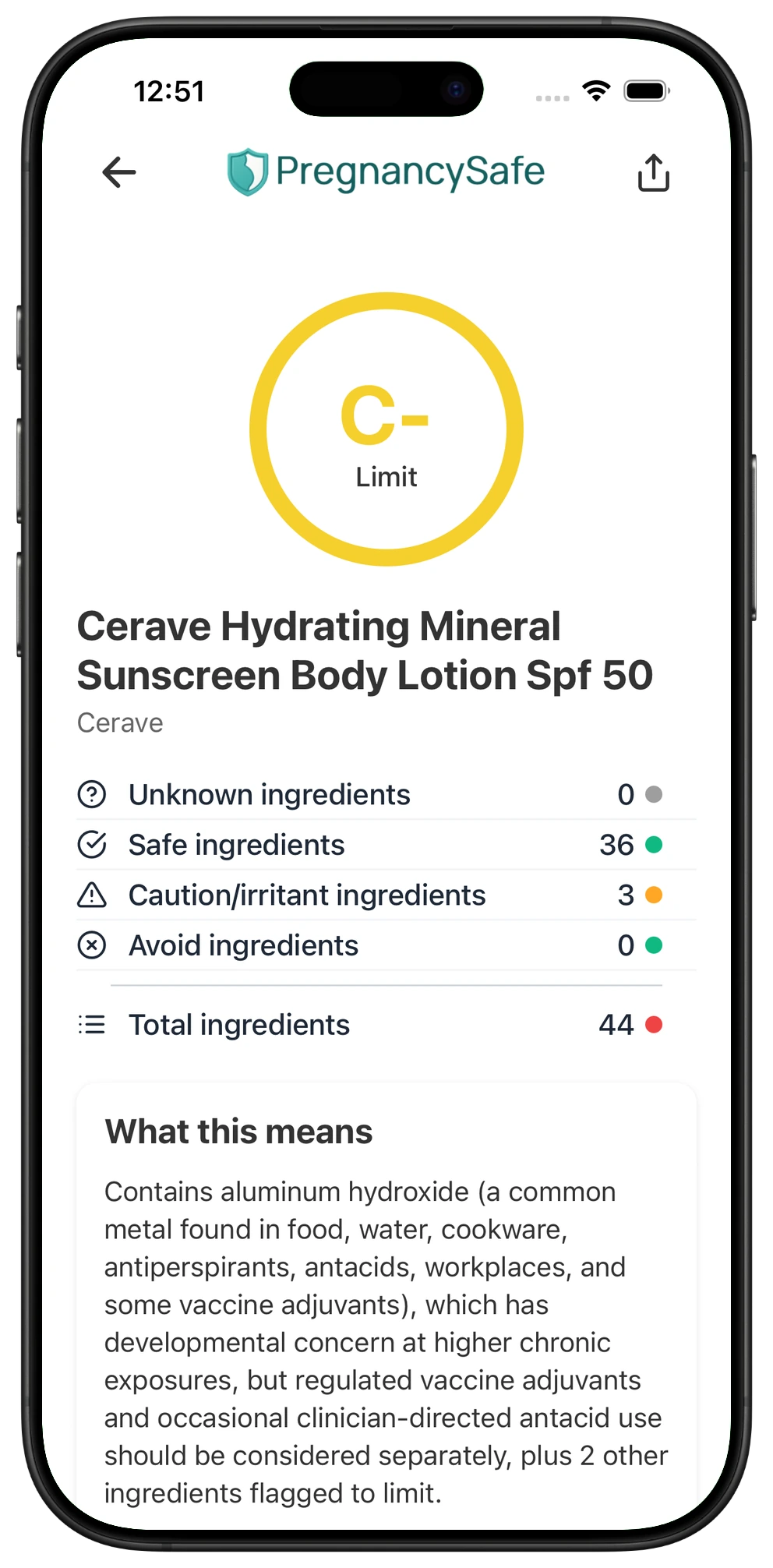 Pregnancy Safe app result for CeraVe Hydrating Mineral Sunscreen Body Lotion SPF 50