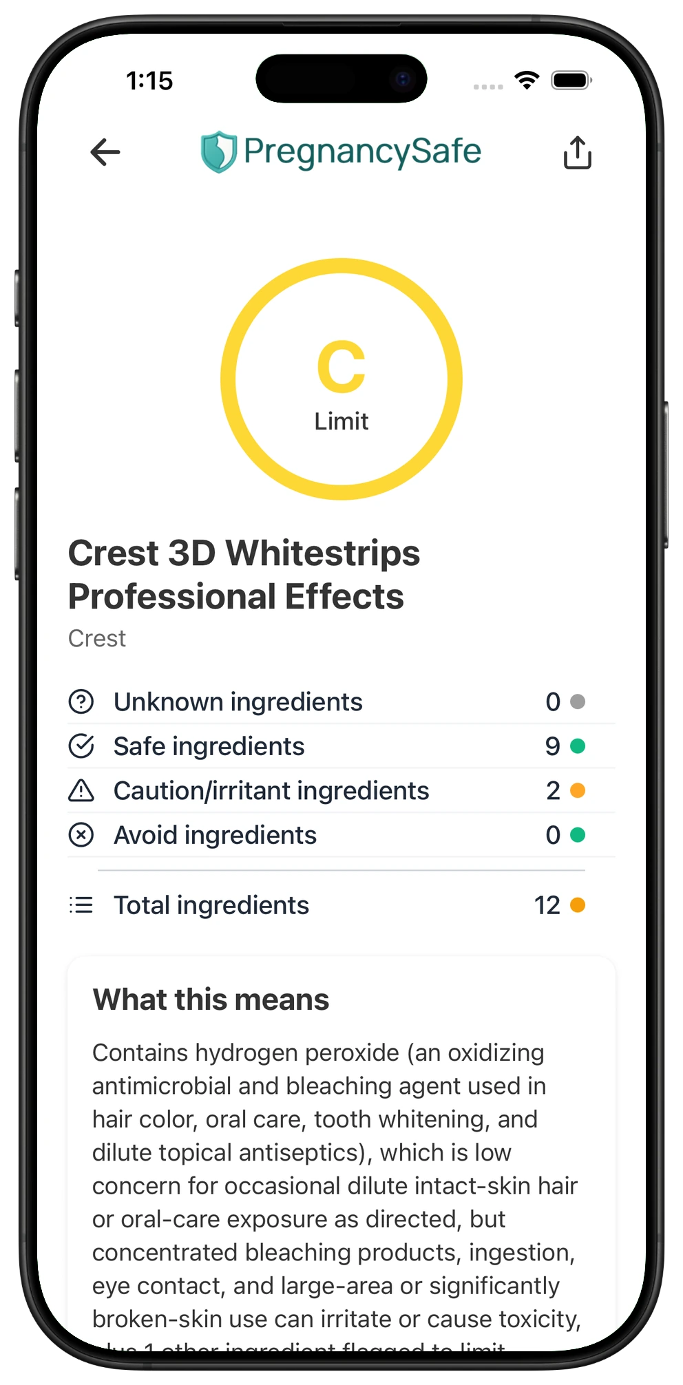 Pregnancy Safe app result for Crest 3D Whitestrips Professional Effects