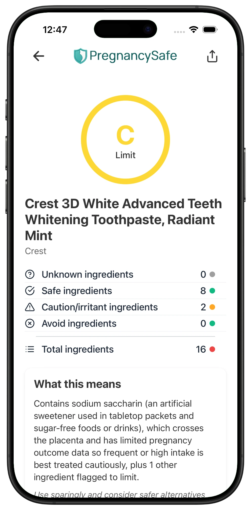Pregnancy Safe app result for Crest 3D White Advanced Teeth Whitening Toothpaste, Radiant Mint