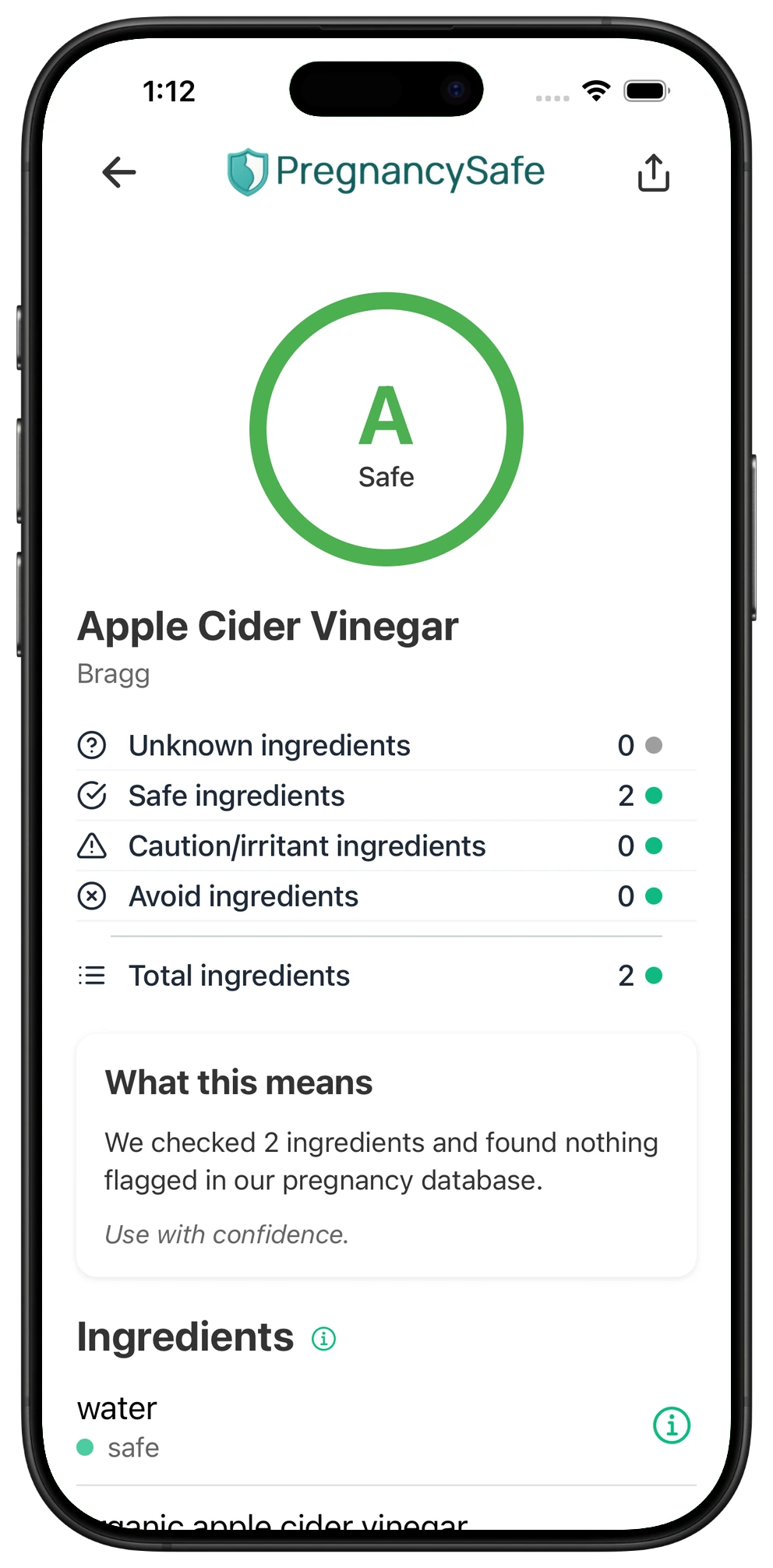 Pregnancy Safe app result for Bragg Apple Cider Vinegar