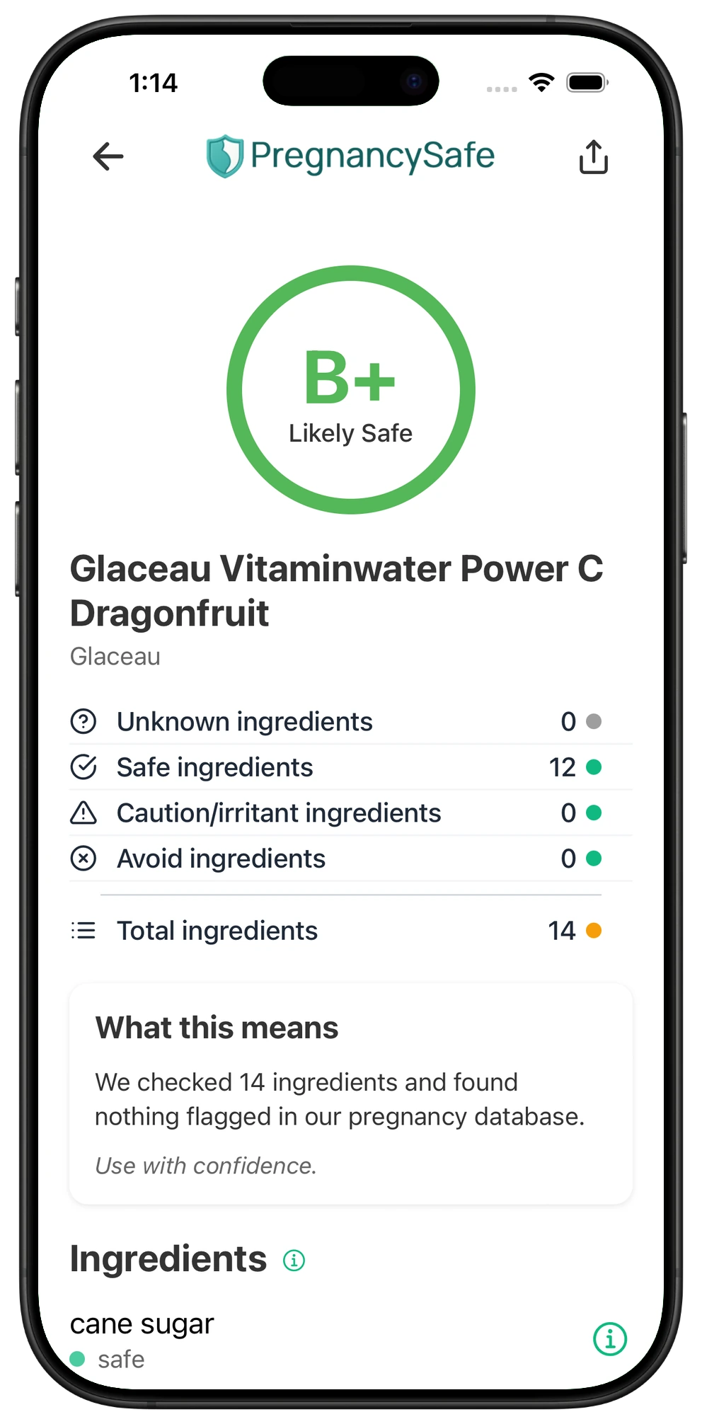 Pregnancy Safe app result for Glaceau Vitaminwater Power C Dragonfruit