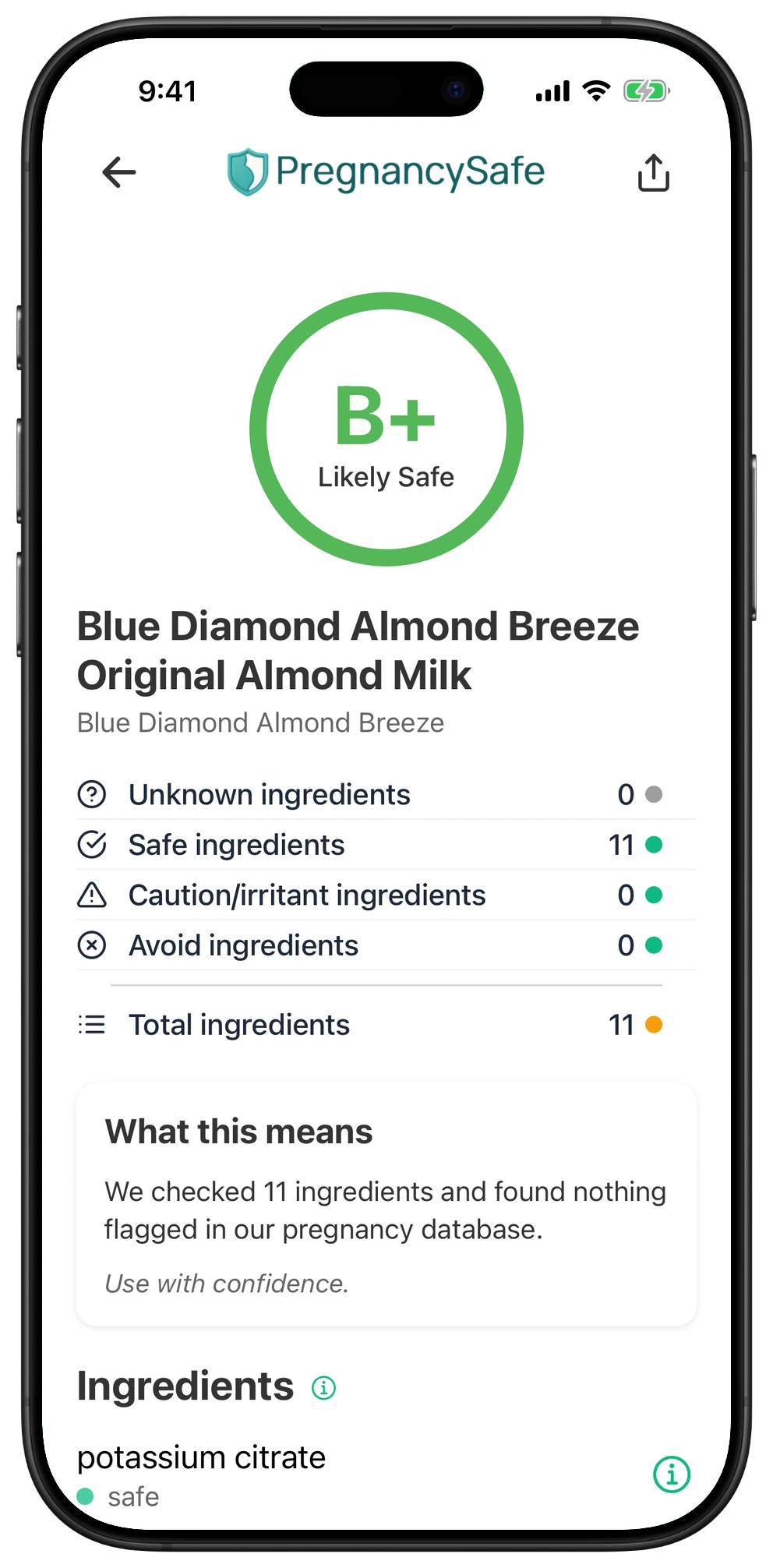 Pregnancy Safe app result for Blue Diamond Almond Breeze Original Almond Milk