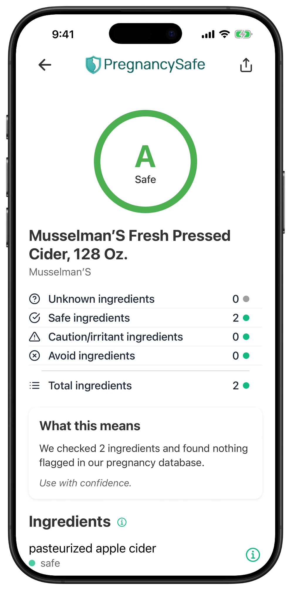 Pregnancy Safe app result for Musselman’S Fresh Pressed Cider, 128 Oz.