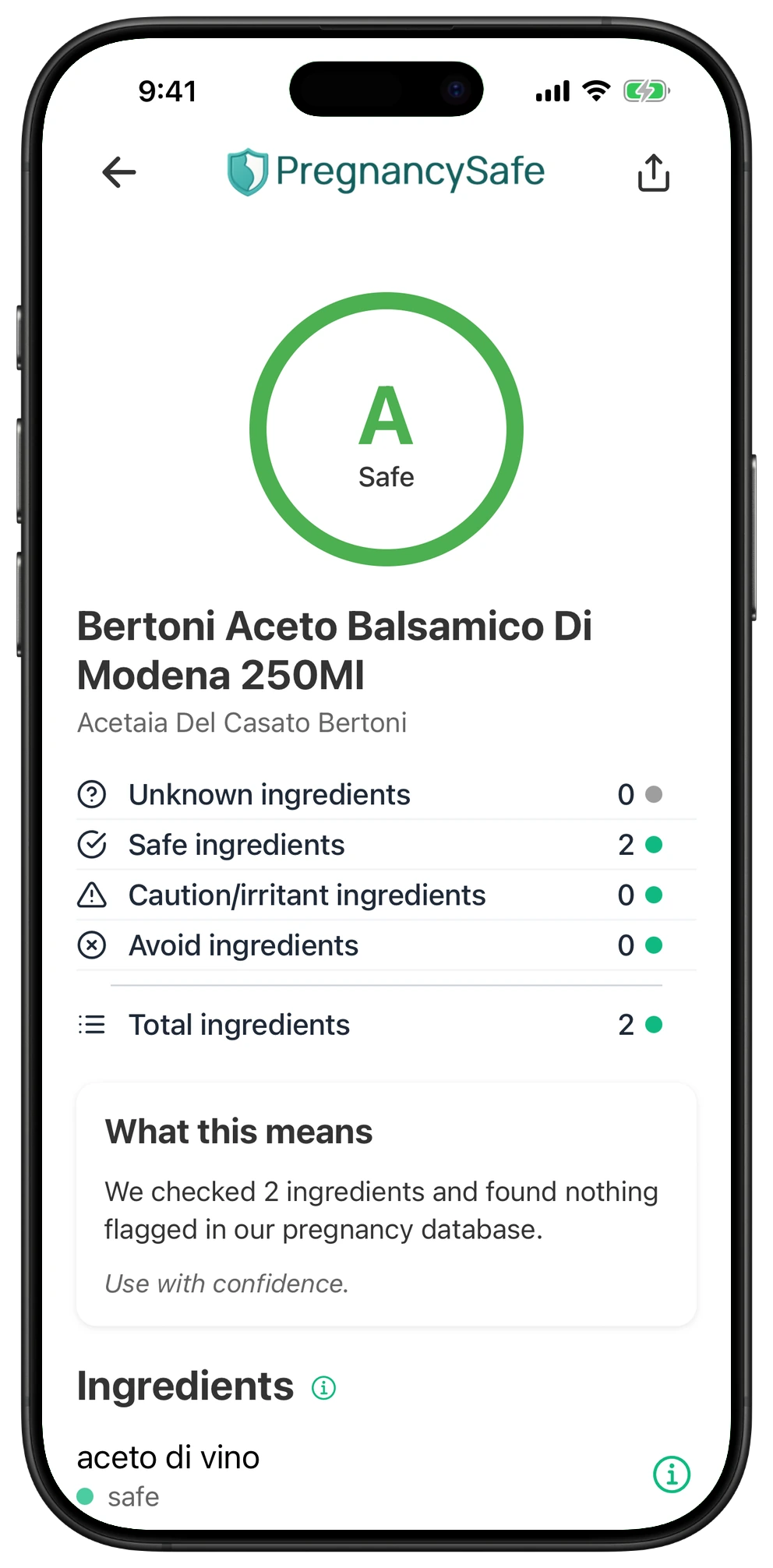 Pregnancy Safe app result for Bertoni Aceto Balsamico Di Modena 250Ml