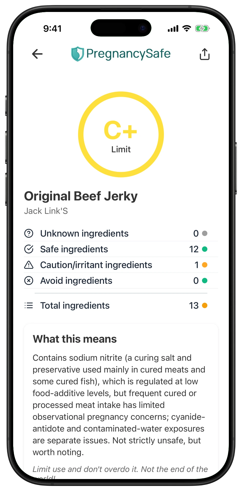 Pregnancy Safe app result for Original Beef Jerky