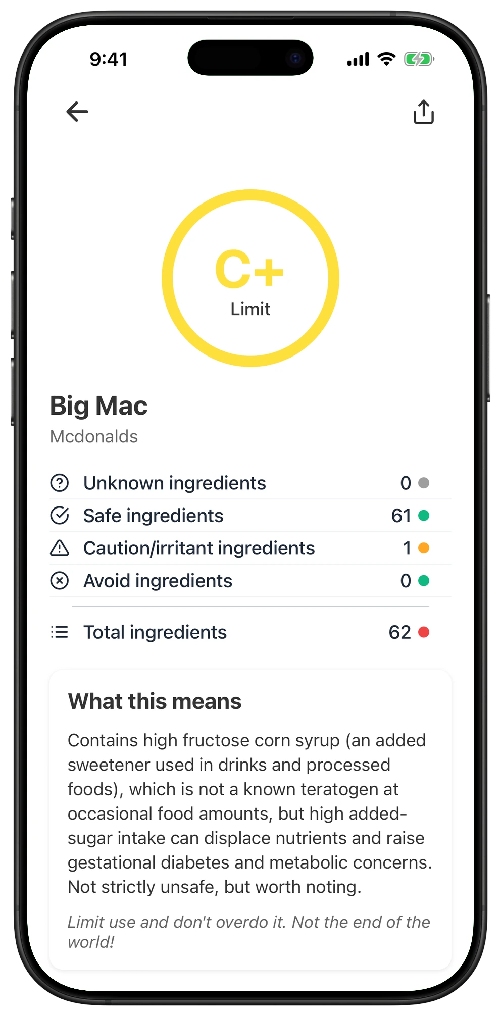 Pregnancy Safe app result for Big Mac