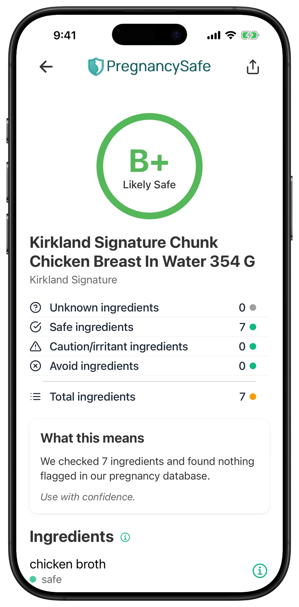 Pregnancy Safe app result for Kirkland Signature Chunk Chicken Breast In Water 354 G