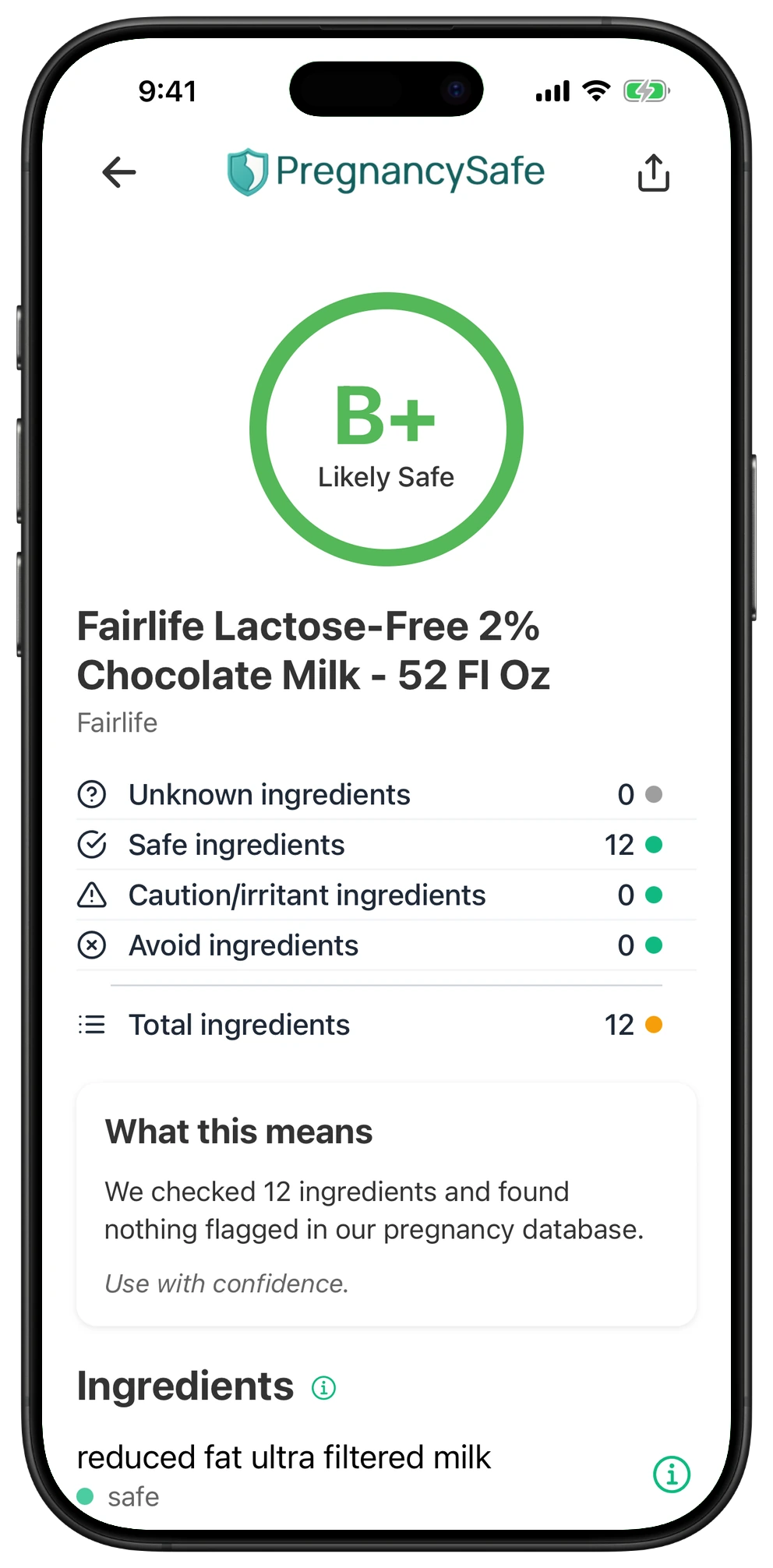 Pregnancy Safe app result for Fairlife Lactose-Free 2% Chocolate Milk - 52 Fl Oz