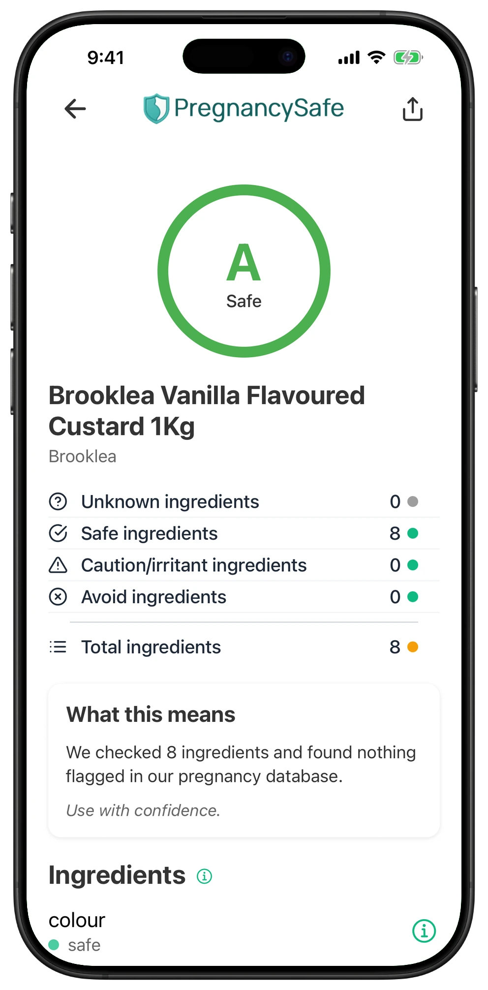 Pregnancy Safe app result for Brooklea Vanilla Flavoured Custard 1Kg
