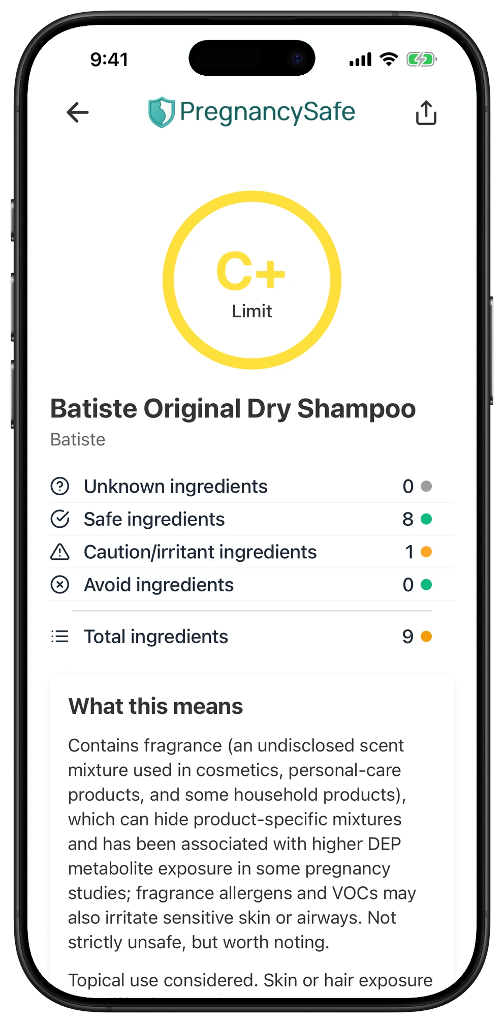 Pregnancy Safe app result for Batiste Original Dry Shampoo