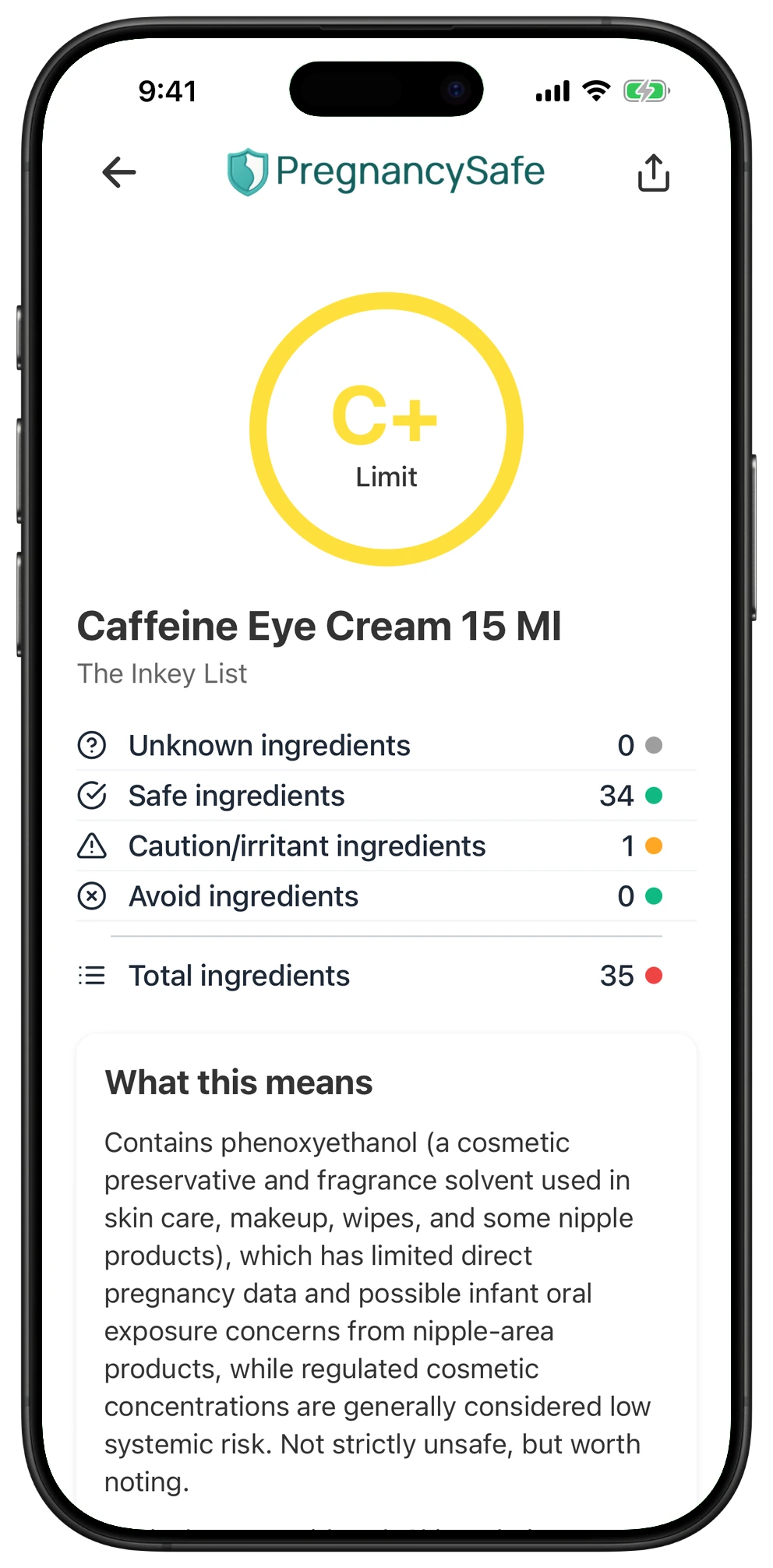 Pregnancy Safe app result for Caffeine Eye Cream 15 Ml