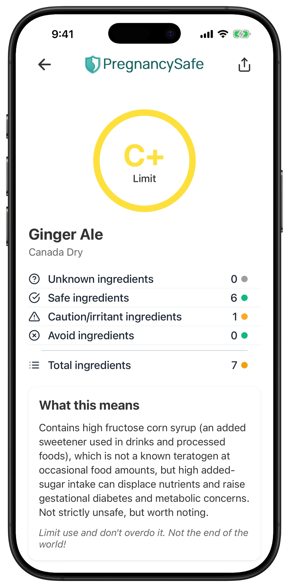 Pregnancy Safe app result for Ginger Ale