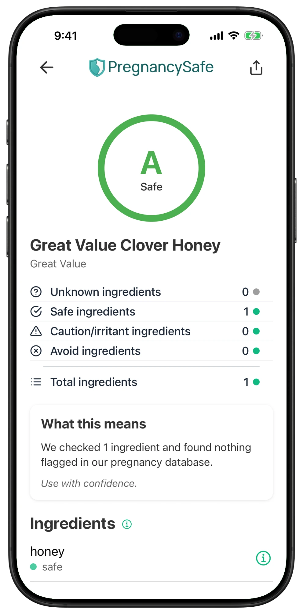 Pregnancy Safe app result for Great Value Clover Honey