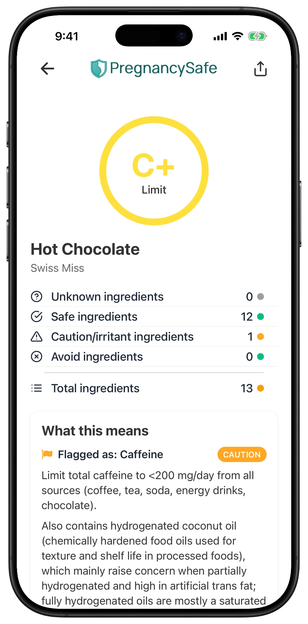 Pregnancy Safe app result for Hot Chocolate