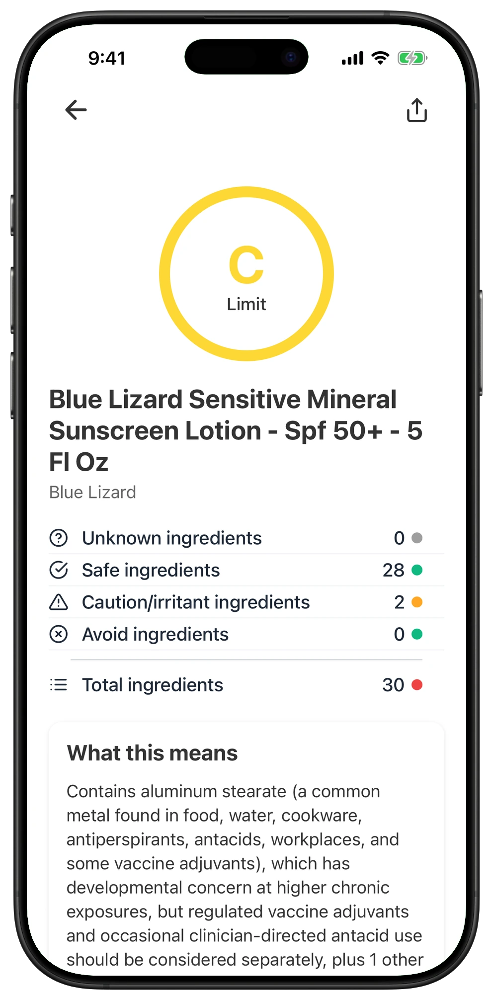 Pregnancy Safe app result for Blue Lizard Sensitive Mineral Sunscreen Lotion - Spf 50+ - 5 Fl Oz