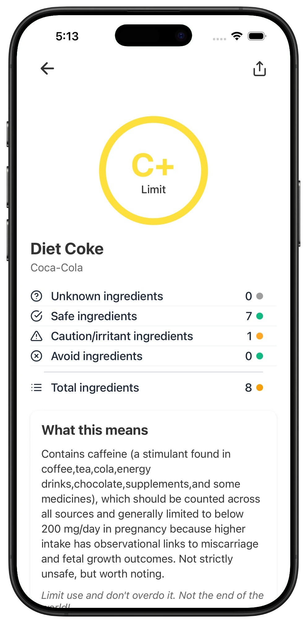 Pregnancy Safe app result for Diet Coke