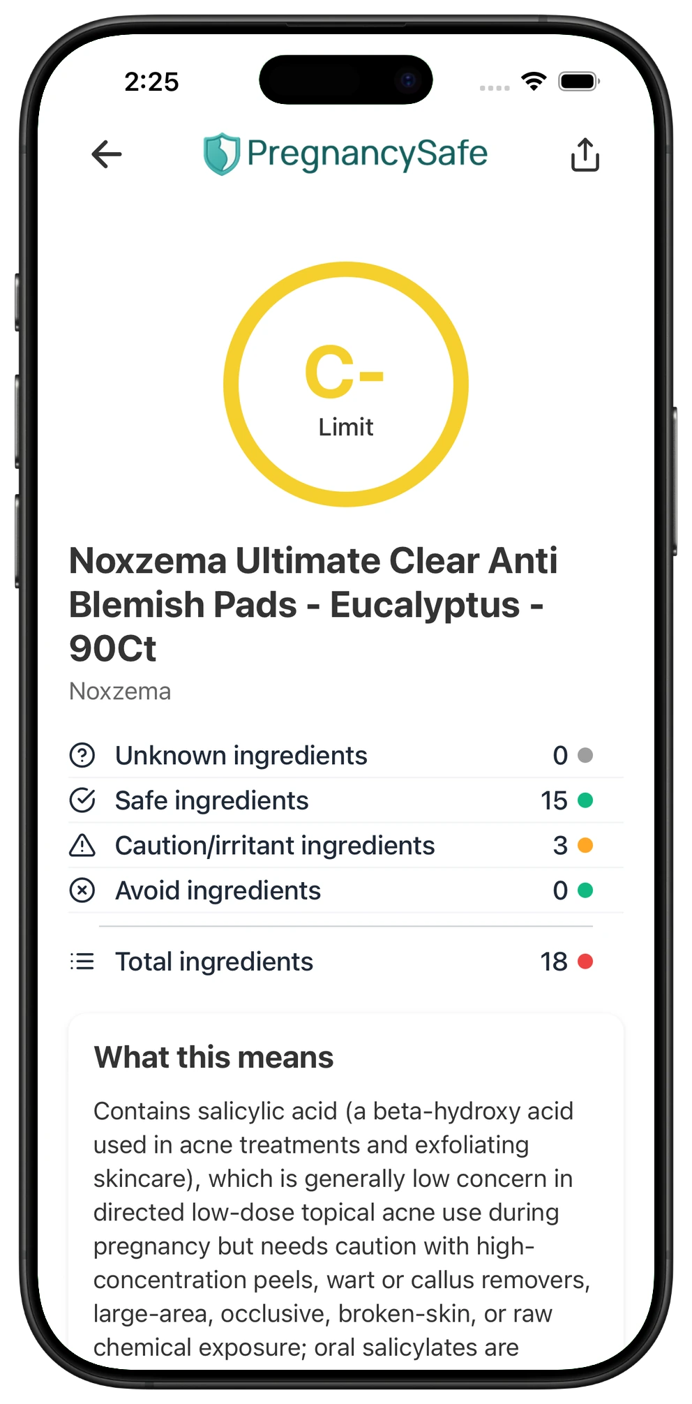 Pregnancy Safe app result for Noxzema Ultimate Clear Anti Blemish Pads - Eucalyptus - 90Ct