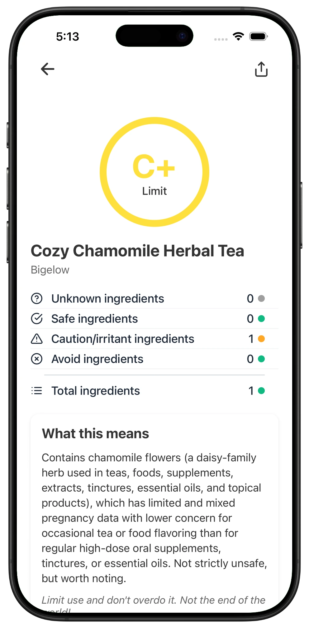 Pregnancy Safe app result for Cozy Chamomile Herbal Tea