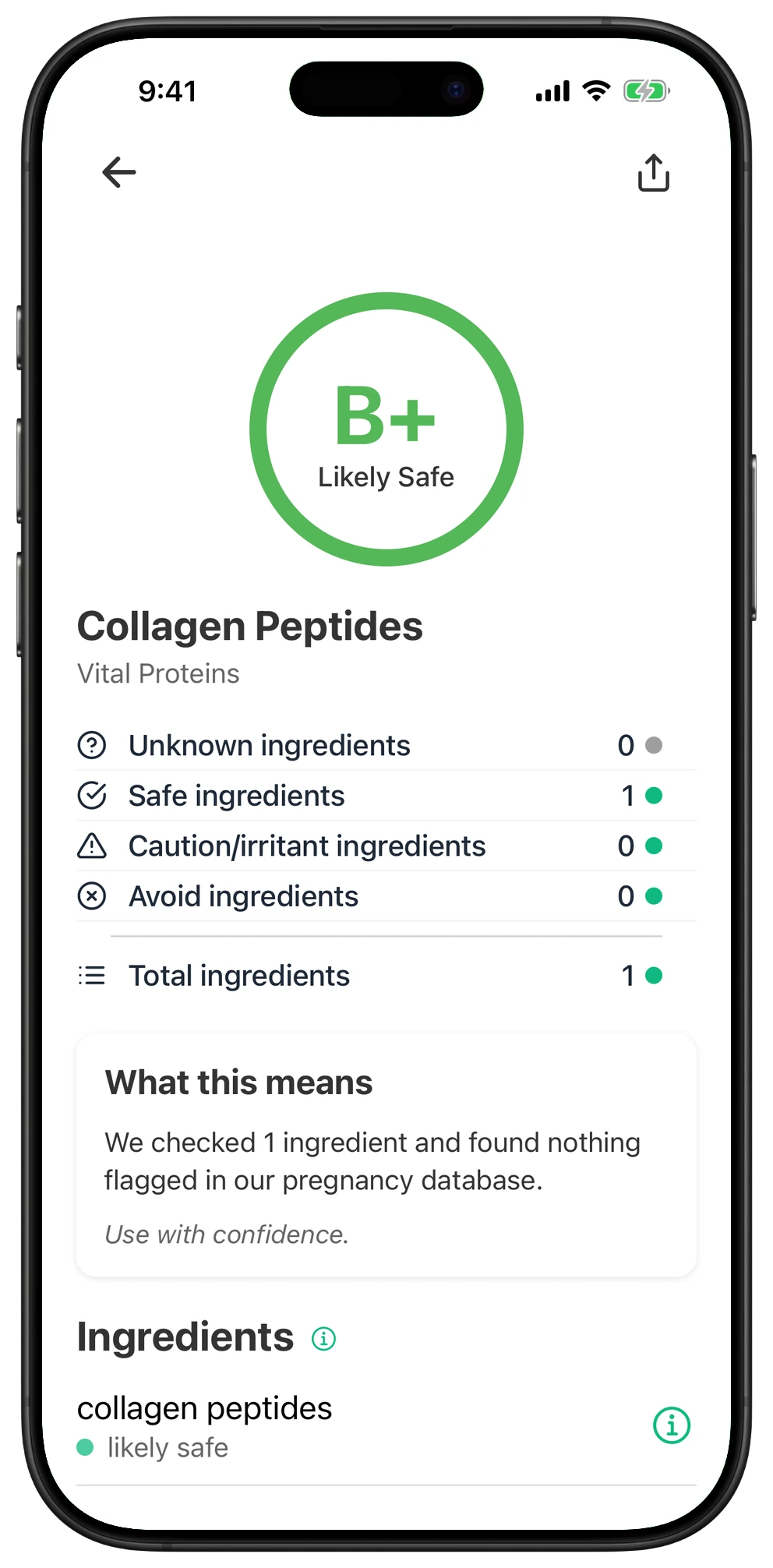 Pregnancy Safe app result for Collagen Peptides