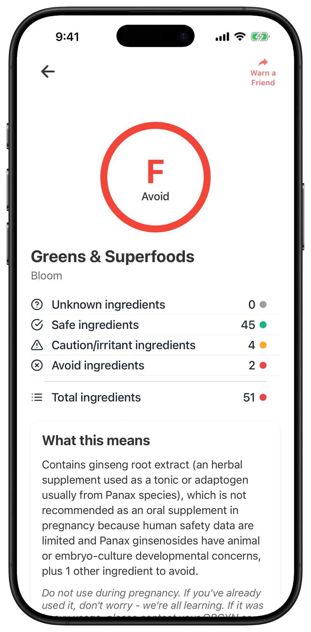 Pregnancy Safe app result for Greens & Superfoods