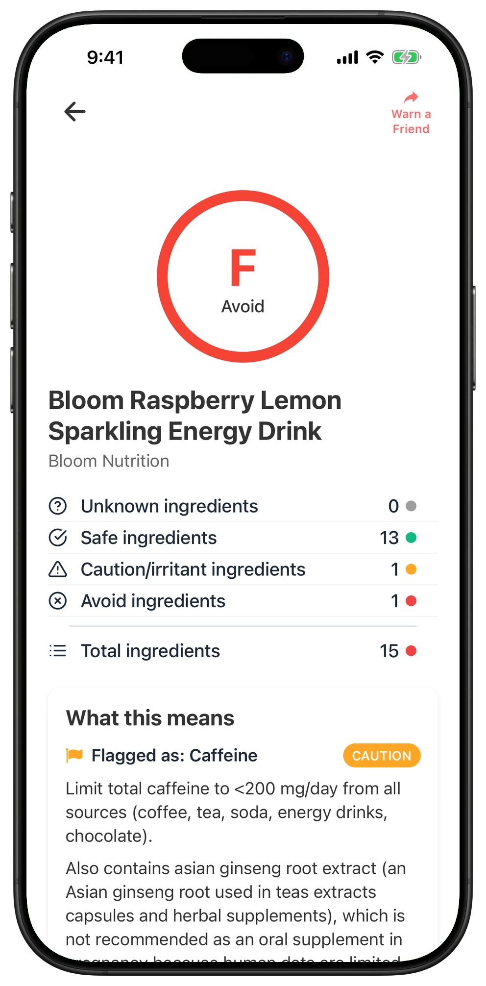 Pregnancy Safe app result for Bloom Raspberry Lemon Sparkling Energy Drink