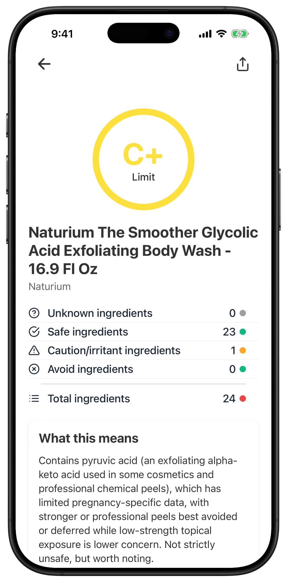 Pregnancy Safe app result for Naturium The Smoother Glycolic Acid Exfoliating Body Wash - 16.9 Fl Oz