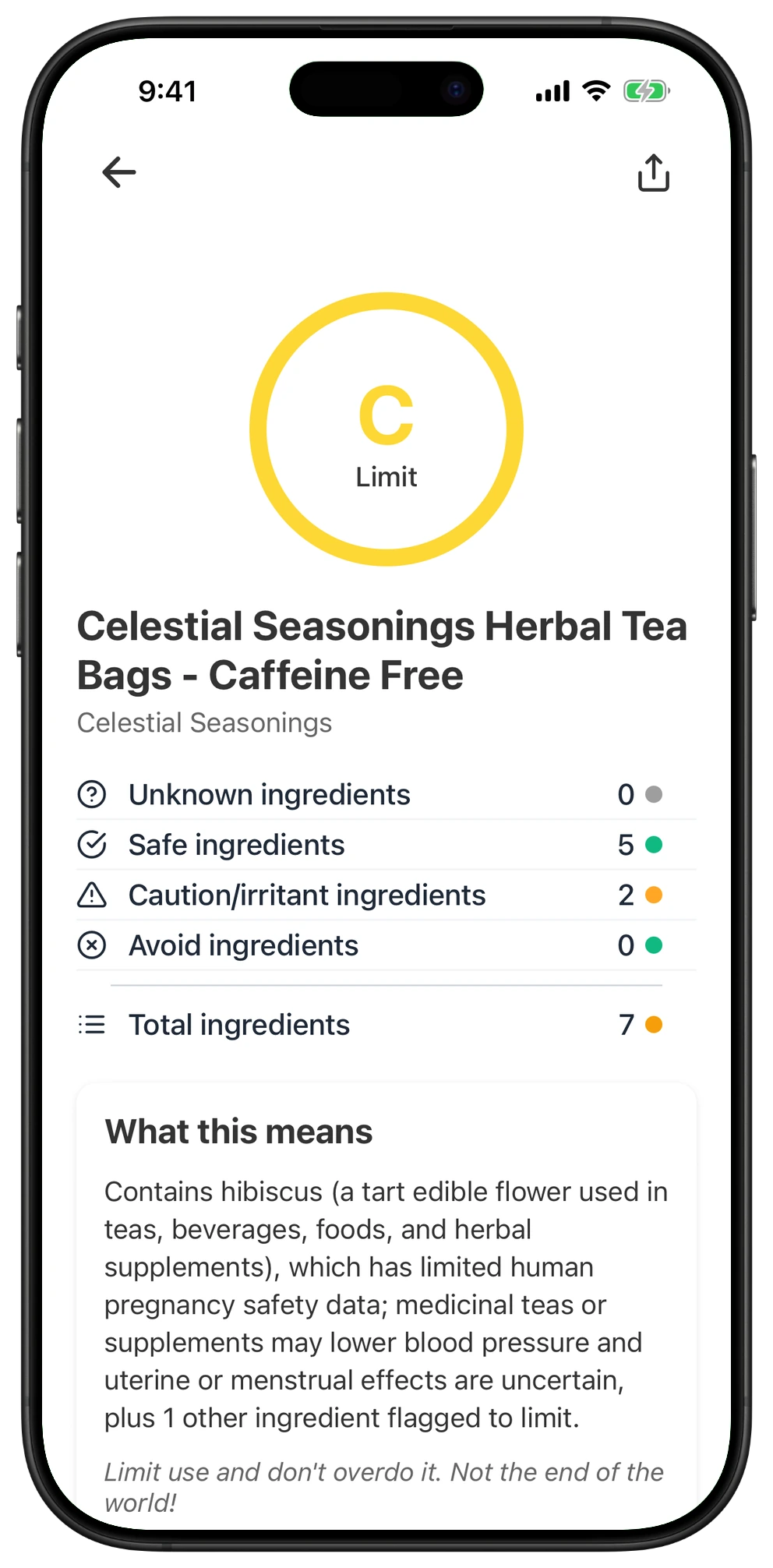 Pregnancy Safe app result for Celestial Seasonings Herbal Tea Bags - Caffeine Free
