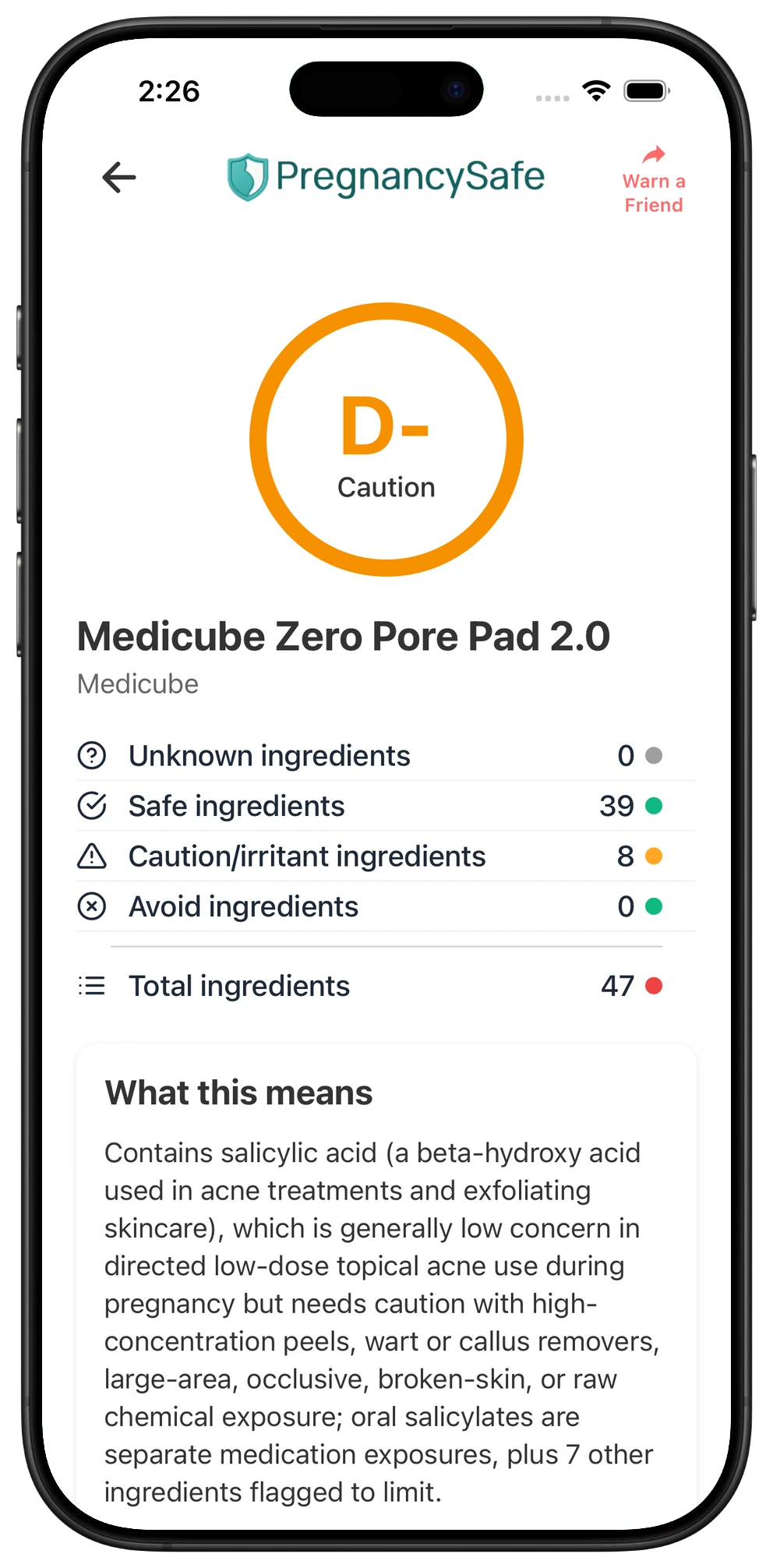 Pregnancy Safe app result for Medicube Zero Pore Pad 2.0