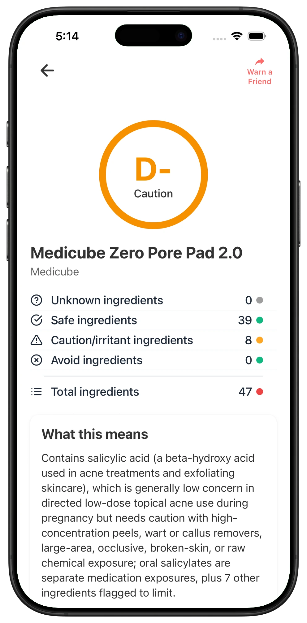 Pregnancy Safe app result for Medicube Zero Pore Pad 2.0