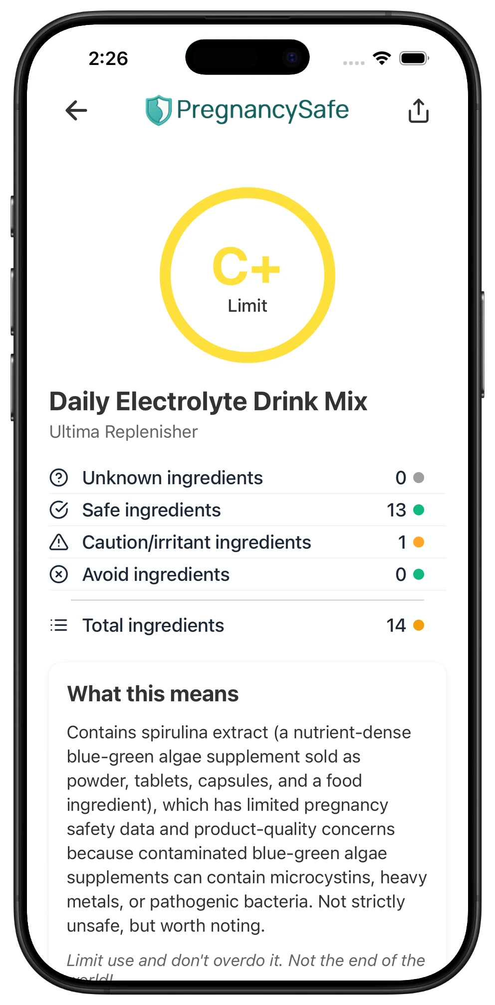 Pregnancy Safe app result for Daily Electrolyte Drink Mix