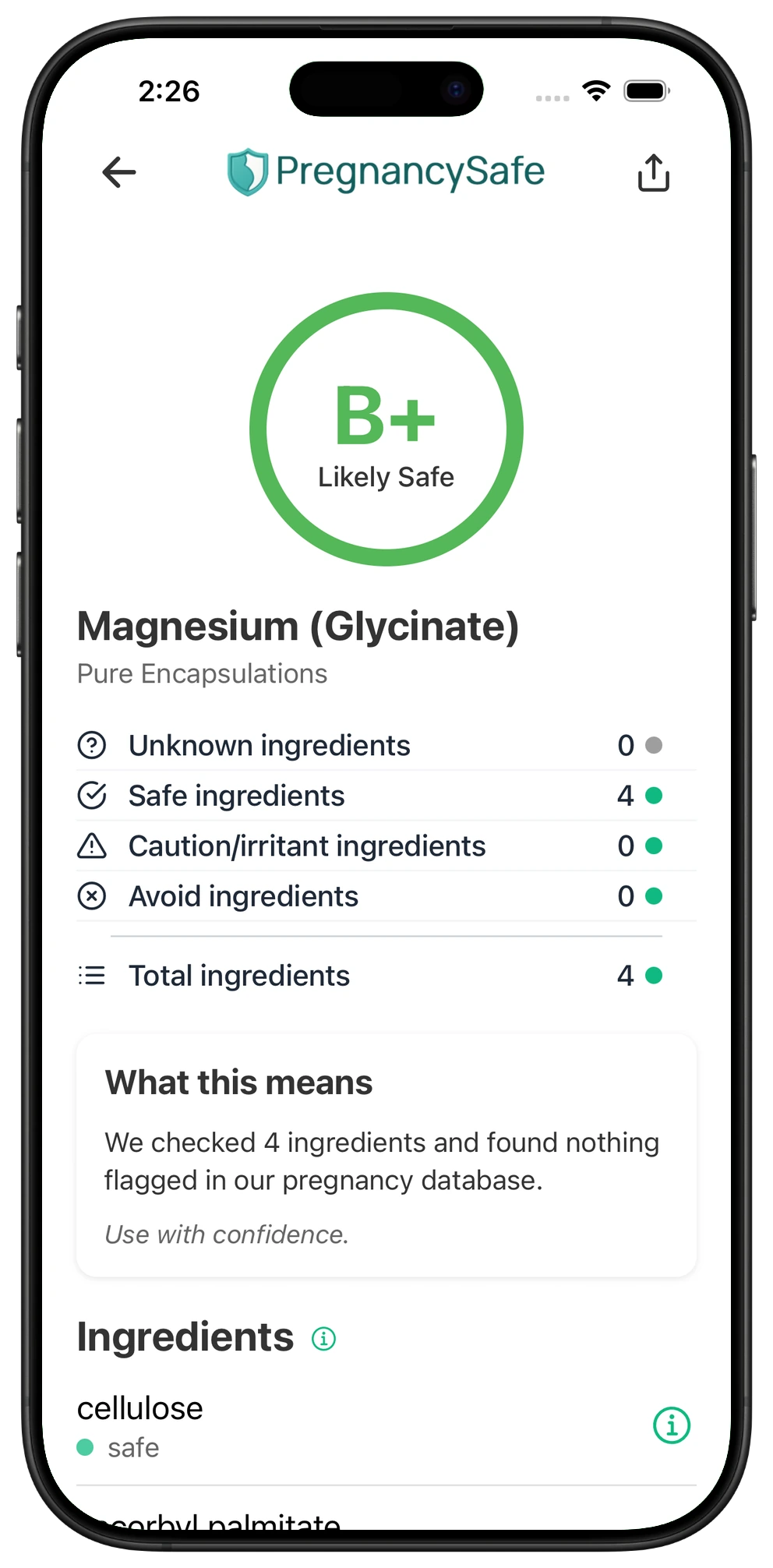 Pregnancy Safe app result for Magnesium (Glycinate)